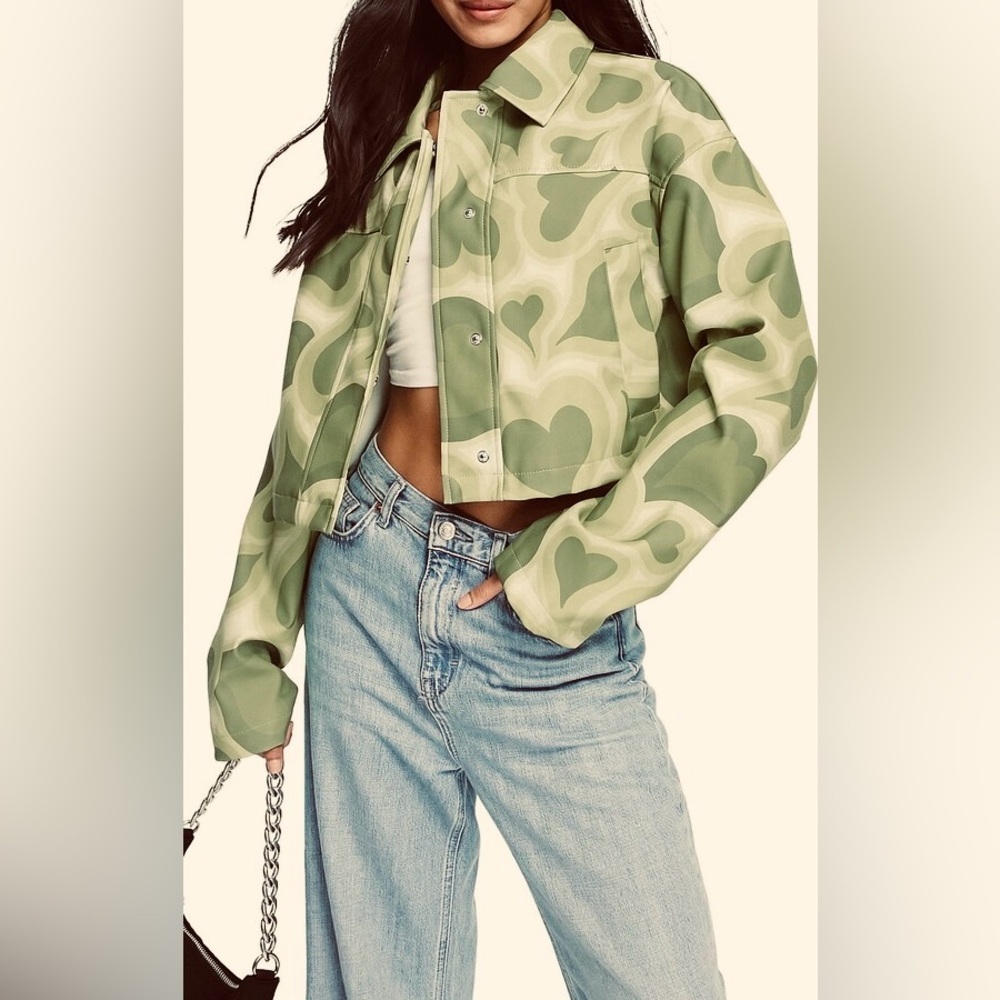 ASOS DESIGN Size 4 Heart Print Crop Faux Leather Jacket